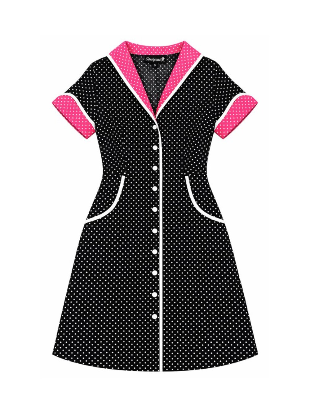 Sourpuss Clothing - Black & White Polka Dot Peggy Sue Dress Diner Waitress Retro - Picture 3 of 8